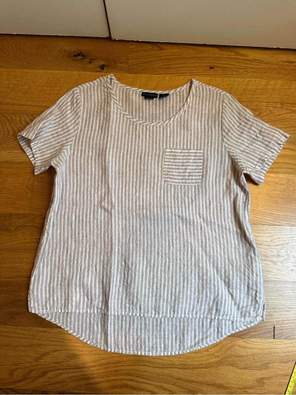 Tahari Linen Casual Striped Short-Sleeve Pocket Top - Light Purple/White